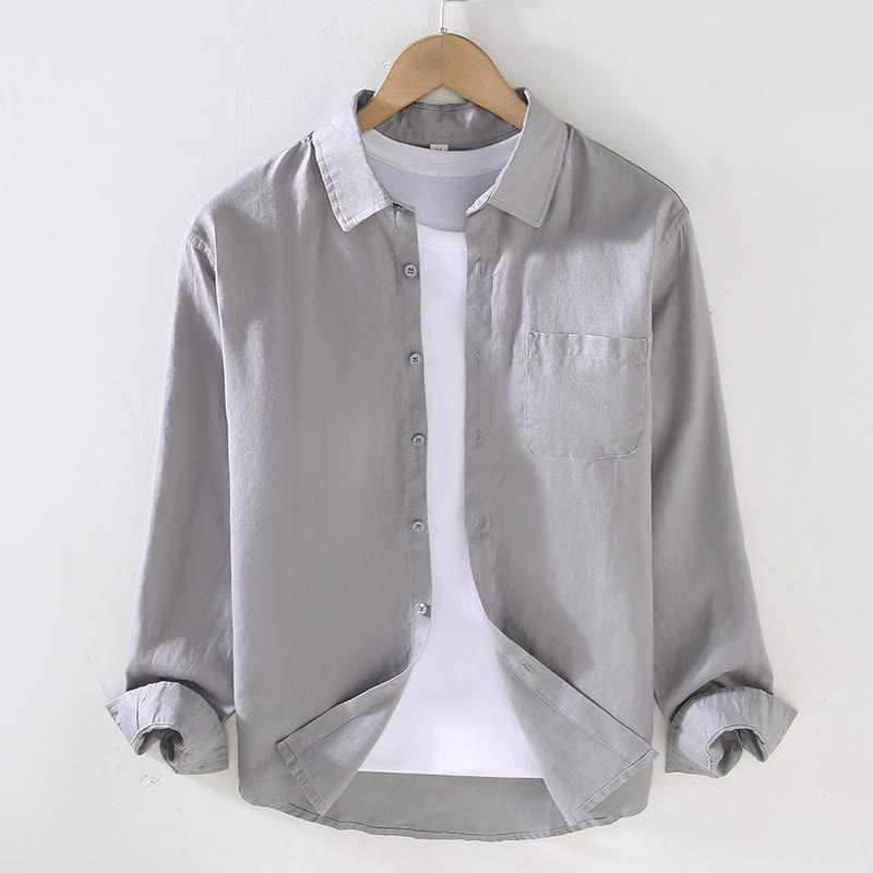 Camisa casual de lino de color puro de manga larga con bolsillo para hombre de Buddha Stones Spring - Plata - US/UK/AU42, EU52 (3XL) - image 10