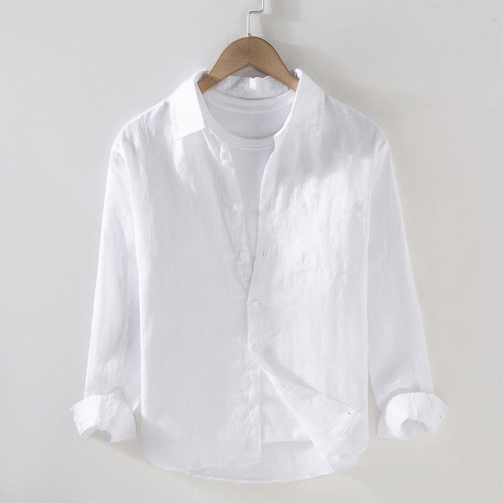 Camisa casual de lino de color puro de manga larga con bolsillo para hombre de Buddha Stones Spring - Blanco - US/UK/AU42, EU52 (3XL) - image 8