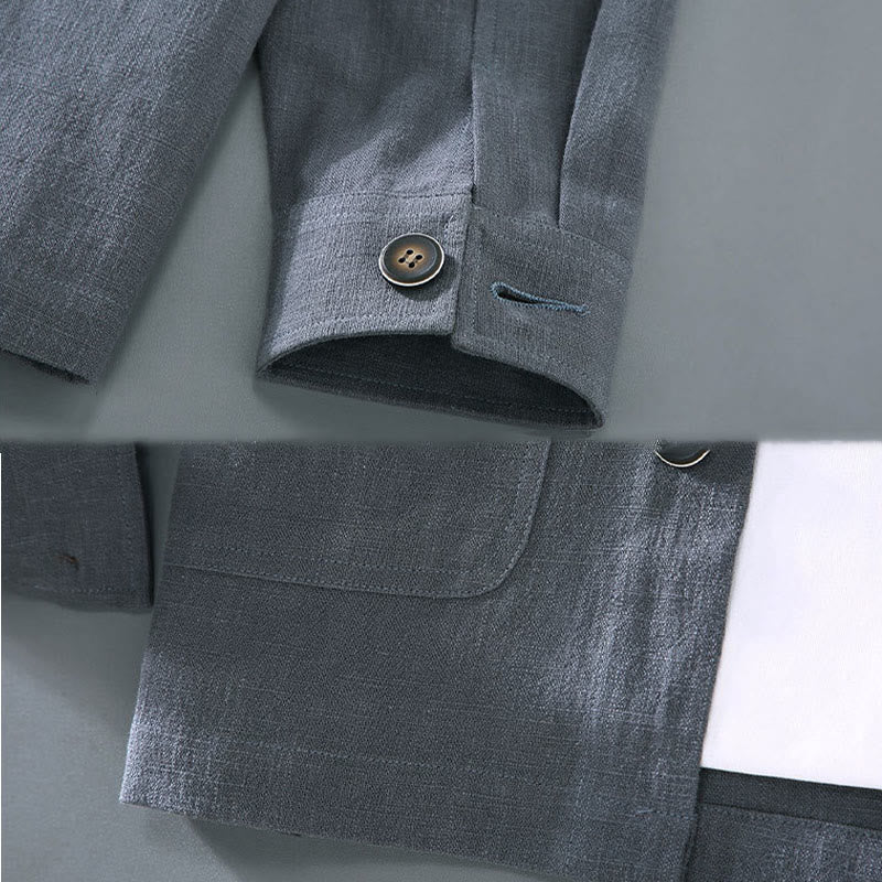 Chaqueta de lino ramio con solapa y botones de manga larga para hombre, estilo Buddha Stones Commute, con bolsillos - image 11