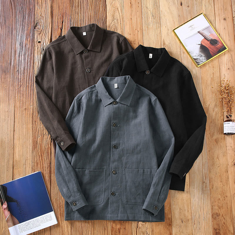 Chaqueta de lino ramio con solapa y botones de manga larga para hombre, estilo Buddha Stones Commute, con bolsillos - image 13