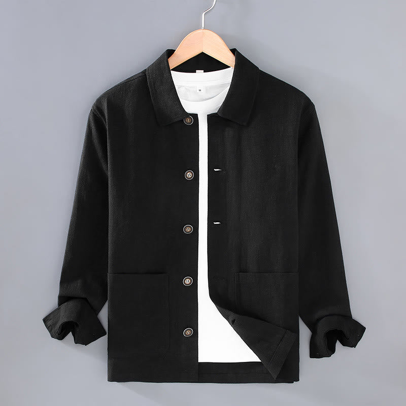 Chaqueta de lino ramio con solapa y botones de manga larga para hombre, estilo Buddha Stones Commute, con bolsillos - Negro - US/UK/AU42, EU52 (3XL) - image 12