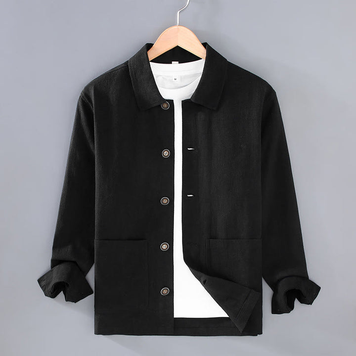 Chaqueta de lino ramio con solapa y botones de manga larga para hombre, estilo Buddha Stones Commute, con bolsillos - Negro - US/UK/AU42, EU52 (3XL) - image 12