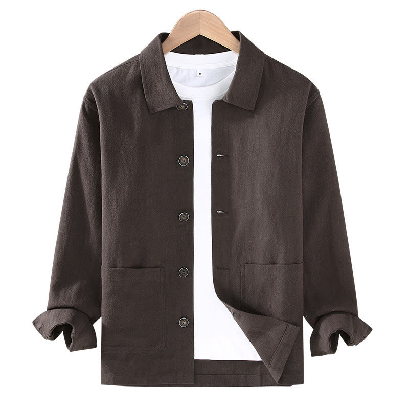 Chaqueta de lino ramio con solapa y botones de manga larga para hombre, estilo Buddha Stones Commute, con bolsillos - image 3