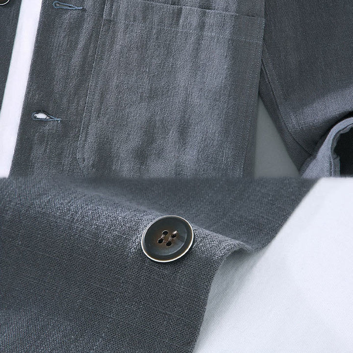 Chaqueta de lino ramio con solapa y botones de manga larga para hombre, estilo Buddha Stones Commute, con bolsillos - image 10