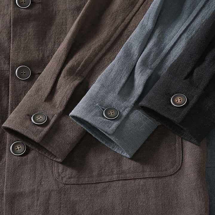 Chaqueta de lino ramio con solapa y botones de manga larga para hombre, estilo Buddha Stones Commute, con bolsillos - image 15