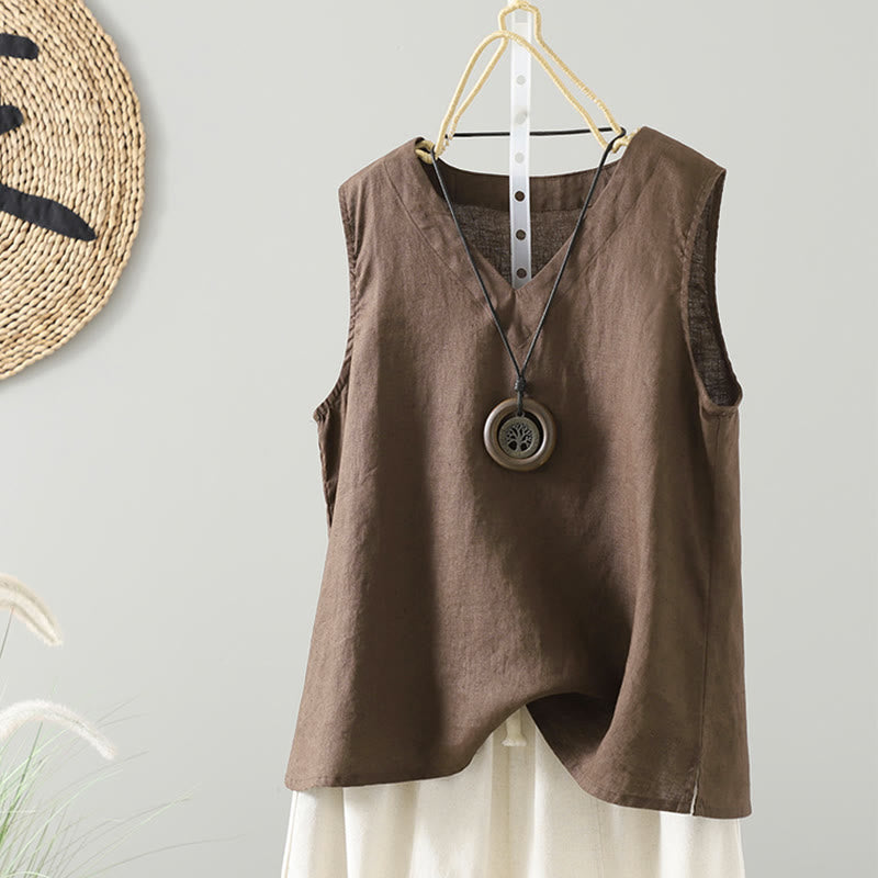 Chaleco vintage de verano con cuello en V y estampado de Buddha Stones para mujer - Marrón silla de montar - US8-10，UK/AU12-14，EU40-42 (2XL) - image 0