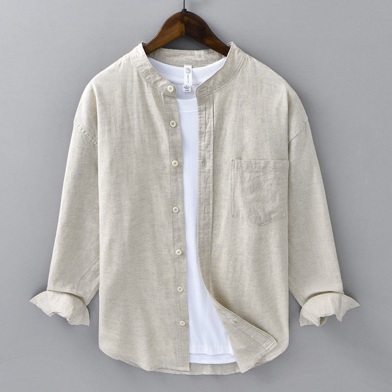 Camisa informal de lino y algodón de color puro con cuello alto y manga larga para hombre de Buddha Stones - Lino - US/UK/AU40, UE50 (3XL) - image 1