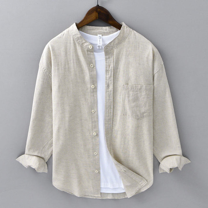 Camisa informal de lino y algodón de color puro con cuello alto y manga larga para hombre de Buddha Stones - Lino - US/UK/AU40, UE50 (3XL) - image 1