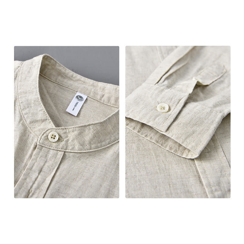 Camisa informal de lino y algodón de color puro con cuello alto y manga larga para hombre de Buddha Stones - image 4
