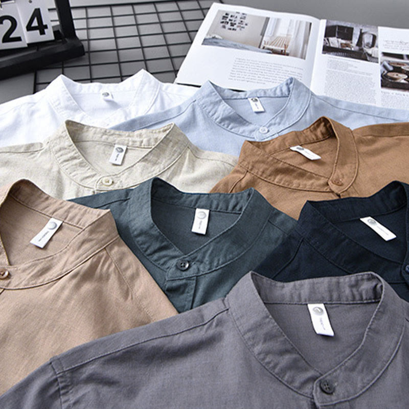 Camisa informal de lino y algodón de color puro con cuello alto y manga larga para hombre de Buddha Stones - image 4