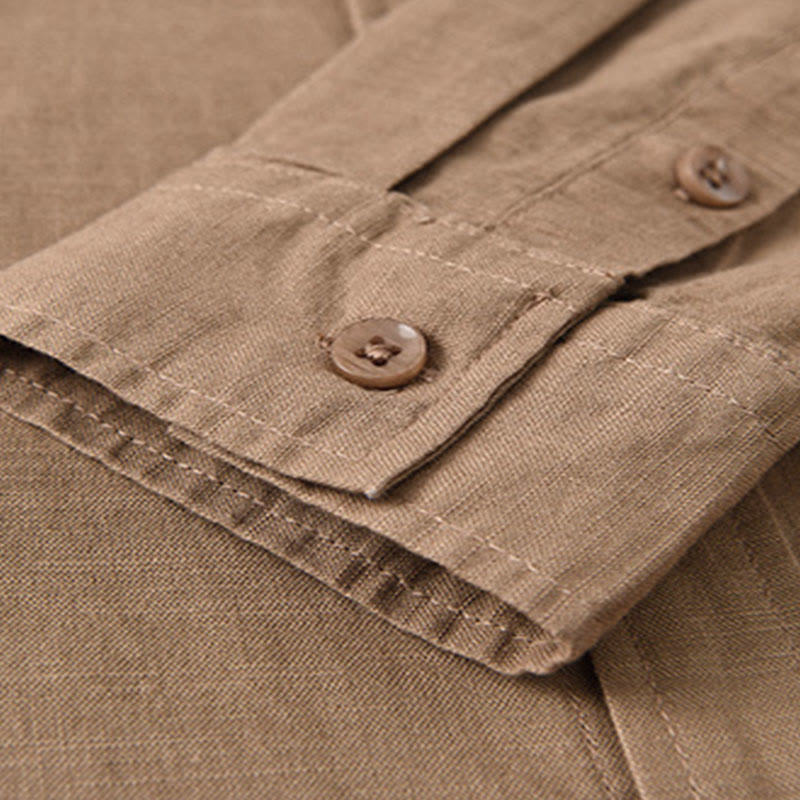 Camisa informal de lino y algodón de color puro con cuello alto y manga larga para hombre de Buddha Stones - image 23