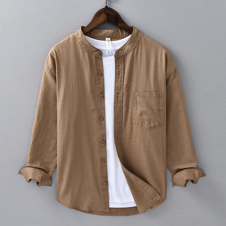 Camisa informal de lino y algodón de color puro con cuello alto y manga larga para hombre de Buddha Stones - Vara de oro oscura - US/UK/AU40, UE 50 (3XL) - image 21