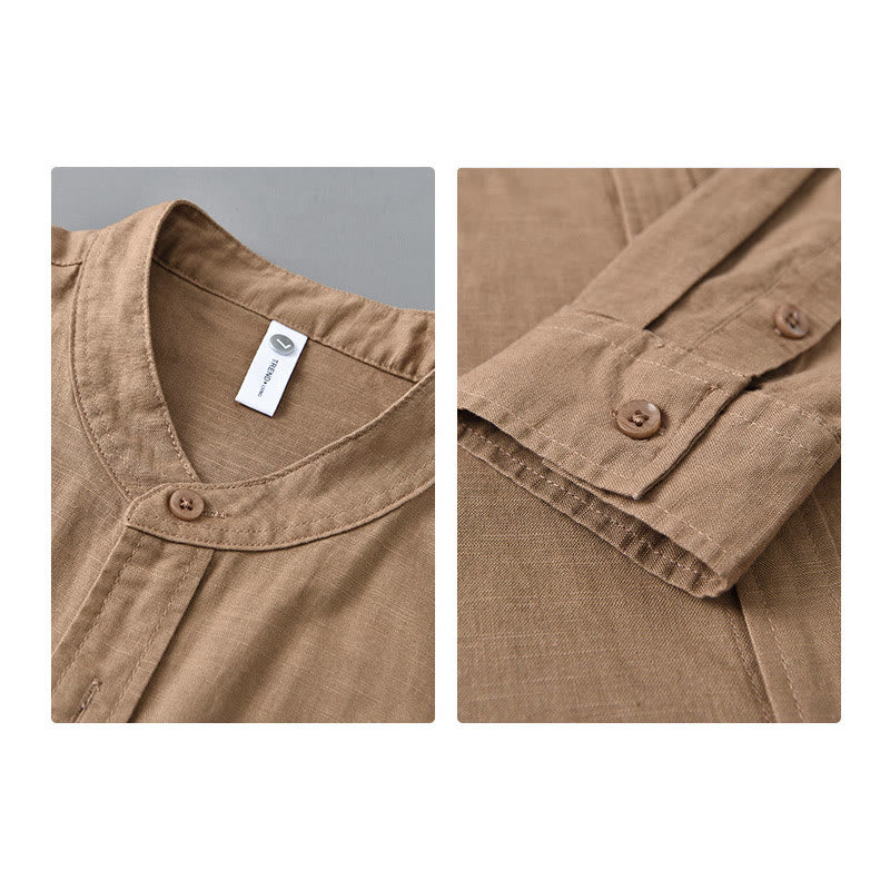 Camisa informal de lino y algodón de color puro con cuello alto y manga larga para hombre de Buddha Stones - image 24