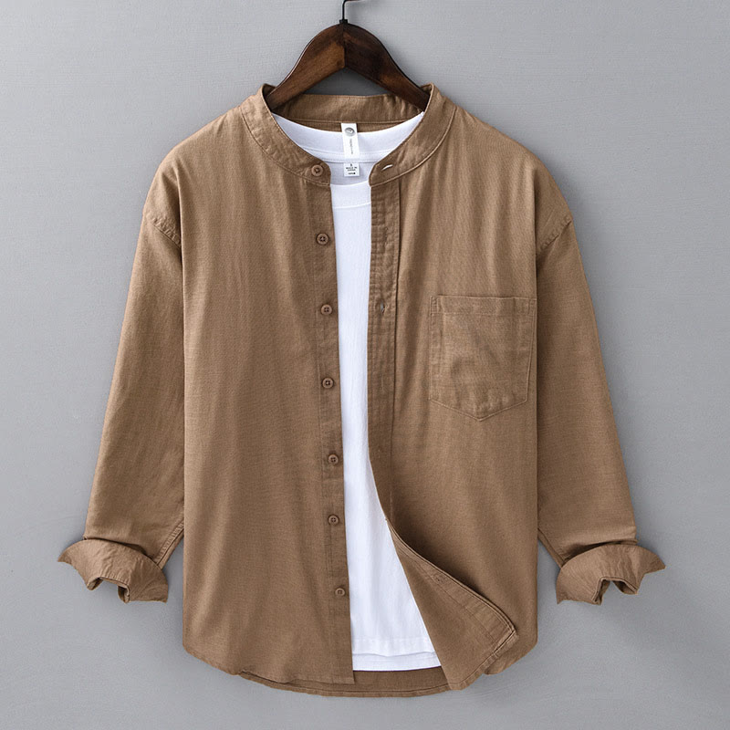 Camisa informal de lino y algodón de color puro con cuello alto y manga larga para hombre de Buddha Stones - Vara de oro oscura - US/UK/AU40, UE50 (3XL) - image 22