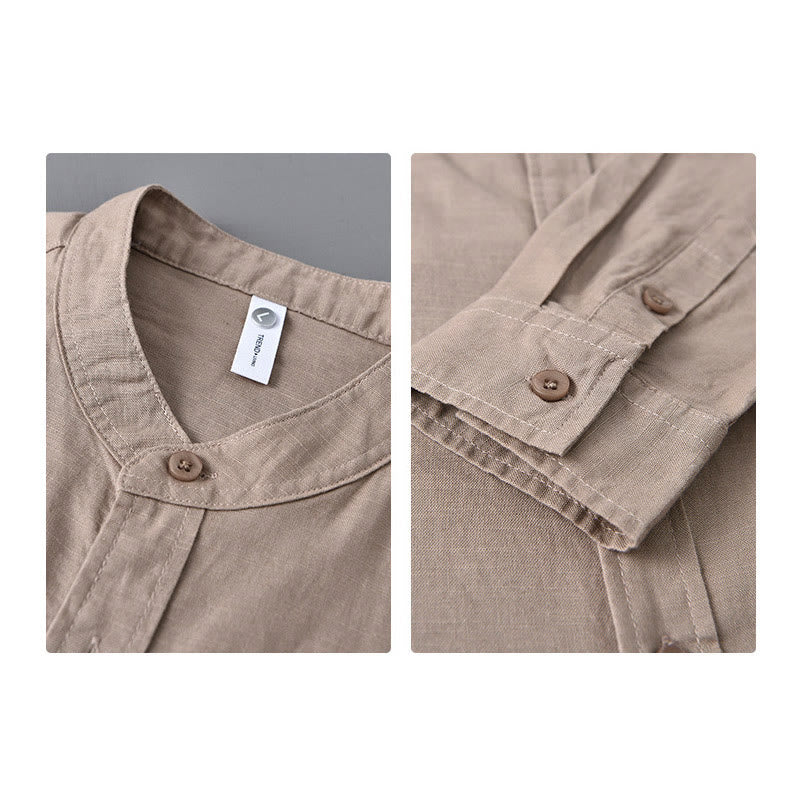 Camisa informal de lino y algodón de color puro con cuello alto y manga larga para hombre de Buddha Stones - image 33