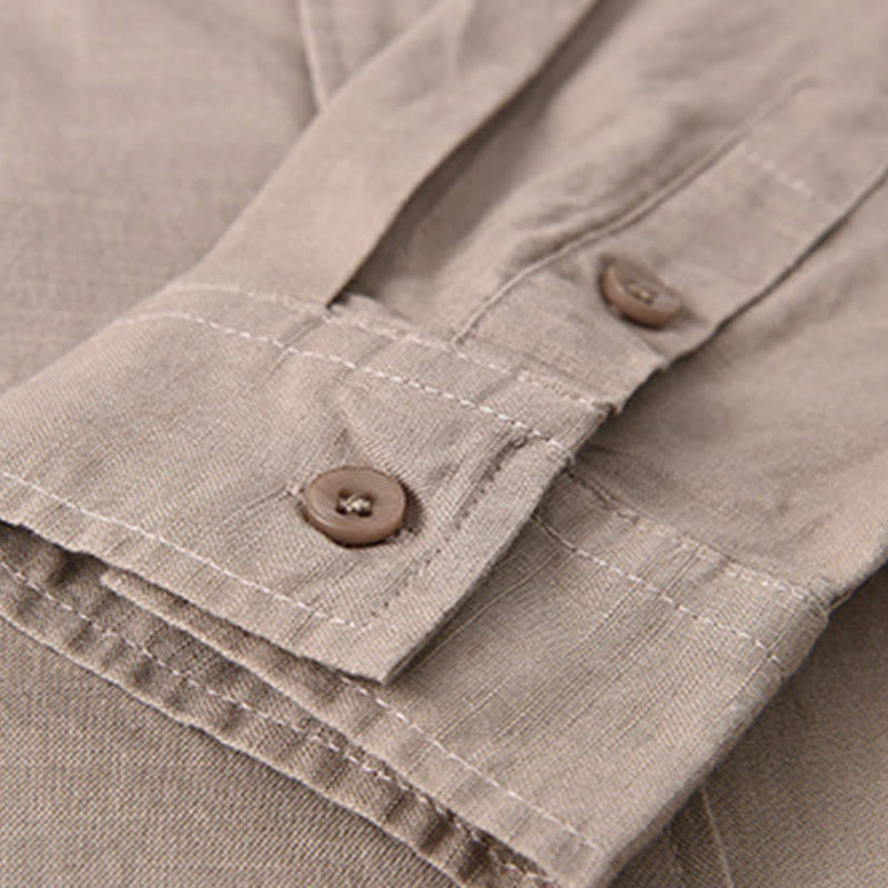 Camisa informal de lino y algodón de color puro con cuello alto y manga larga para hombre de Buddha Stones - image 31