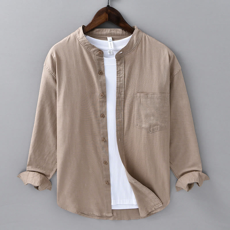 Camisa informal de lino y algodón de color puro con cuello alto y manga larga para hombre de Buddha Stones - BurlyWood - US/UK/AU40, UE 50 (3XL) - image 29