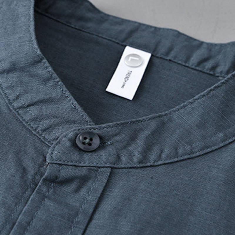 Camisa informal de lino y algodón de color puro con cuello alto y manga larga para hombre de Buddha Stones - image 26