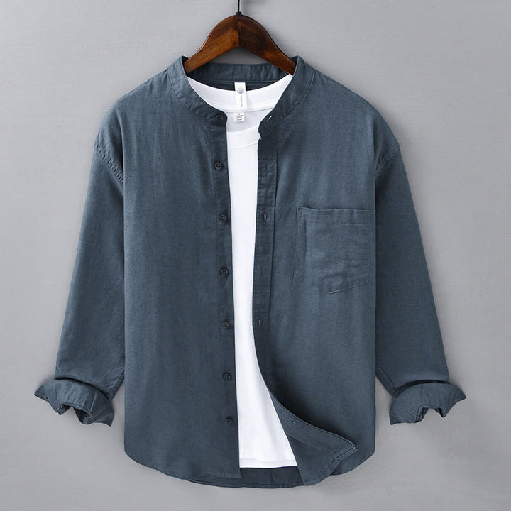 Camisa informal de lino y algodón de color puro con cuello alto y manga larga para hombre de Buddha Stones - Azul acero - US/UK/AU40, UE50 (3XL) - image 25