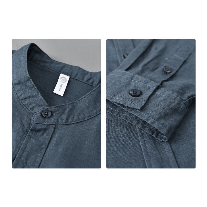Camisa informal de lino y algodón de color puro con cuello alto y manga larga para hombre de Buddha Stones - image 28