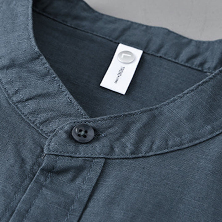 Camisa informal de lino y algodón de color puro con cuello alto y manga larga para hombre de Buddha Stones - image 27