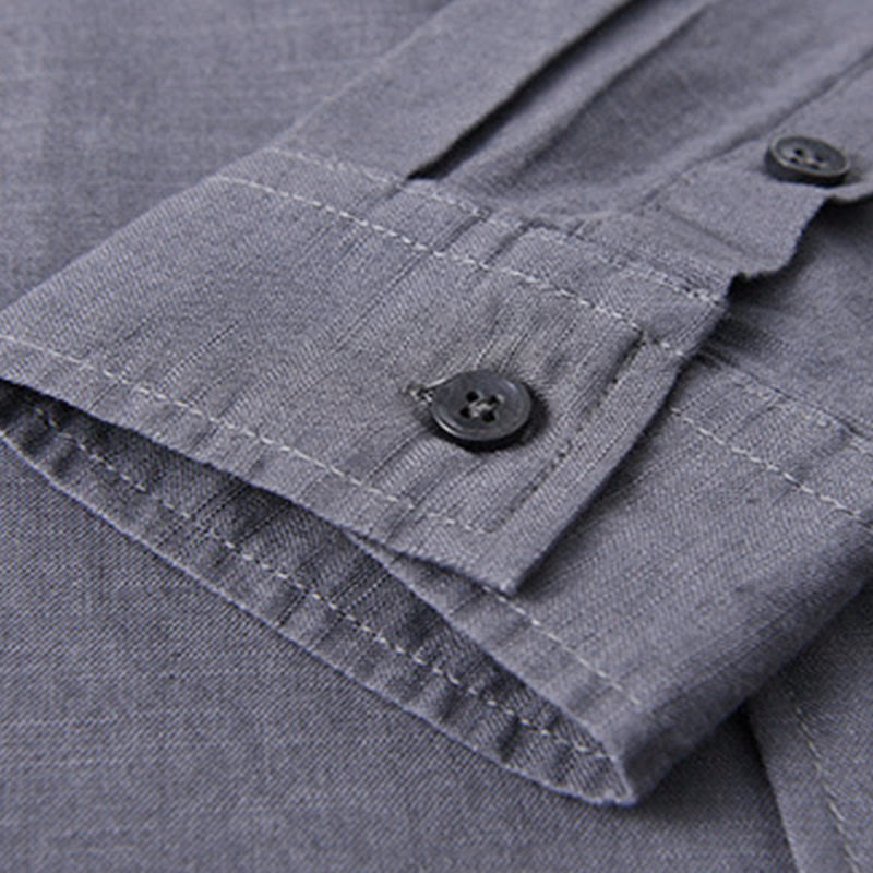 Camisa informal de lino y algodón de color puro con cuello alto y manga larga para hombre de Buddha Stones - image 37