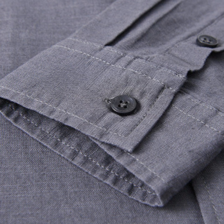 Camisa informal de lino y algodón de color puro con cuello alto y manga larga para hombre de Buddha Stones - image 37