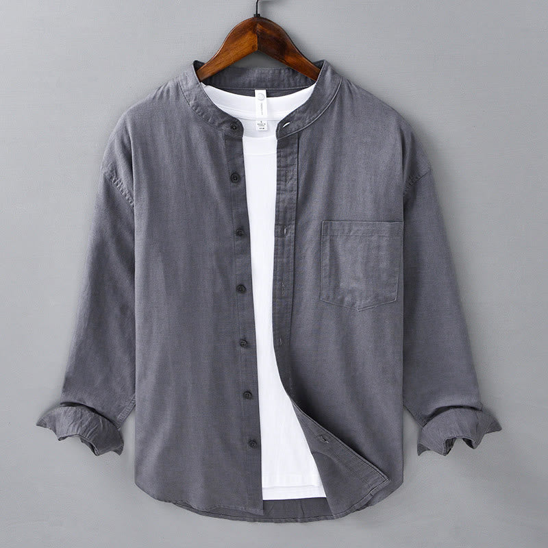 Camisa informal de lino y algodón de color puro con cuello alto y manga larga para hombre de Buddha Stones - Gris oscuro - US/UK/AU40, UE 50 (3XL) - image 33