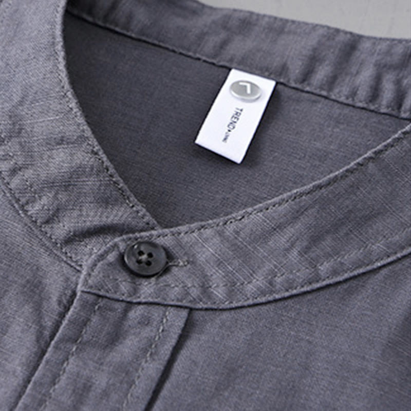 Camisa informal de lino y algodón de color puro con cuello alto y manga larga para hombre de Buddha Stones - image 35