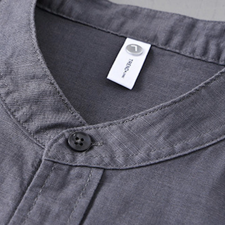 Camisa informal de lino y algodón de color puro con cuello alto y manga larga para hombre de Buddha Stones - image 35