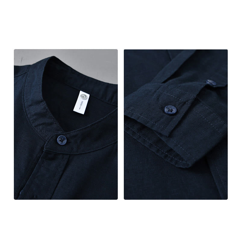 Camisa informal de lino y algodón de color puro con cuello alto y manga larga para hombre de Buddha Stones - image 39