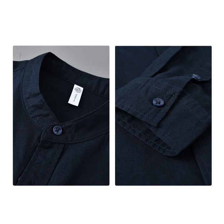Camisa informal de lino y algodón de color puro con cuello alto y manga larga para hombre de Buddha Stones - image 39