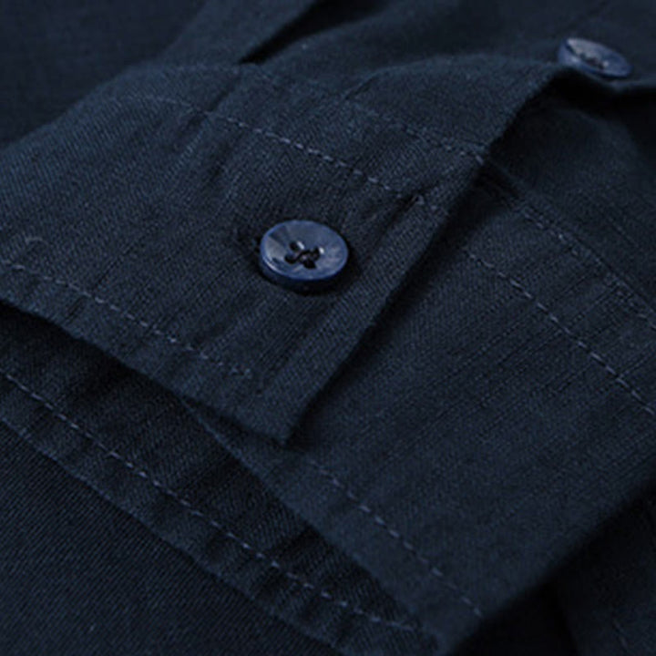 Camisa informal de lino y algodón de color puro con cuello alto y manga larga para hombre de Buddha Stones - image 40