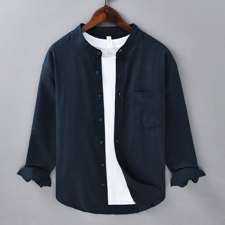Camisa informal de lino y algodón de color puro con cuello alto y manga larga para hombre de Buddha Stones - Azul medianoche - US/UK/AU40, UE50 (3XL) - image 37