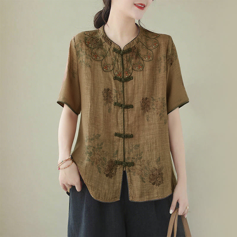 Camisa con botones de rana y estampado de flores moradas con Buddha Stones - US16，UK/AU20，EU48 (3XL) - image 1