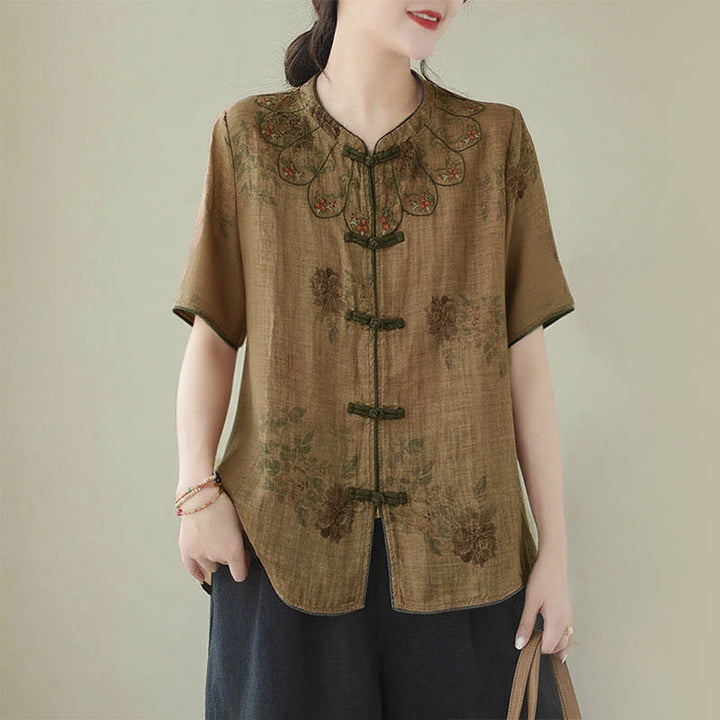 Camisa con botones de rana y estampado de flores moradas con Buddha Stones - US16，UK/AU20，EU48 (3XL) - image 1