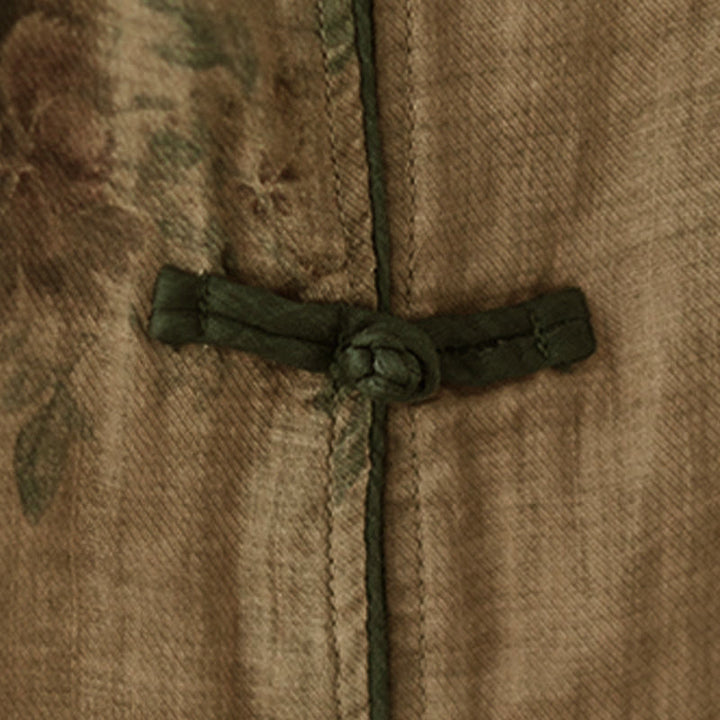 Camisa con botones de rana y estampado de flores moradas con Buddha Stones - image 7