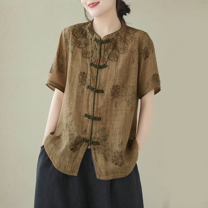Camisa con botones de rana y estampado de flores moradas con Buddha Stones - image 1