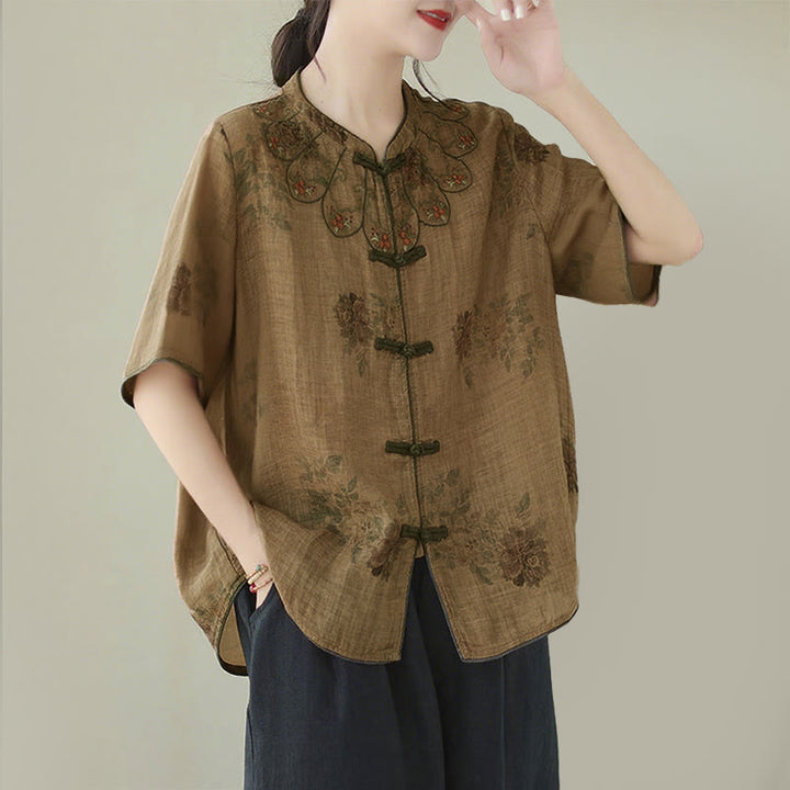 Camisa con botones de rana y estampado de flores moradas con Buddha Stones - image 2