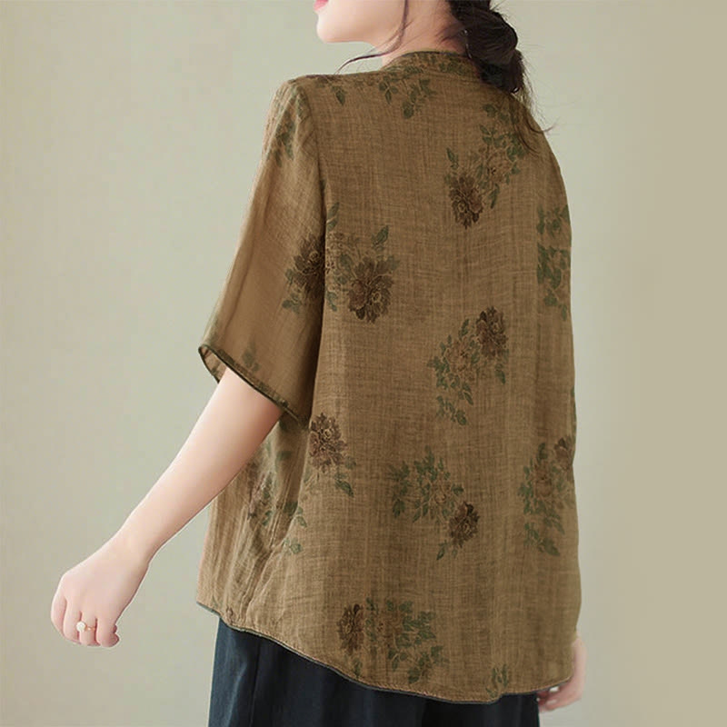 Camisa con botones de rana y estampado de flores moradas con Buddha Stones - image 4