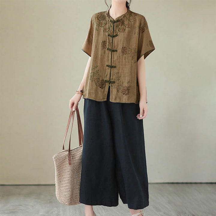 Camisa con botones de rana y estampado de flores moradas con Buddha Stones - image 11