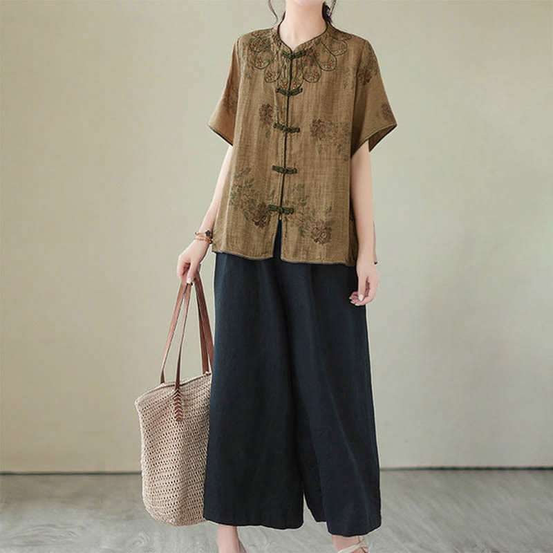 Camisa con botones de rana y estampado de flores moradas con Buddha Stones - image 11