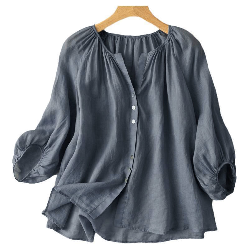 Camisa vintage con cuello en V y mangas abullonadas de tres cuartos para mujer con Buddha Stones - image 2
