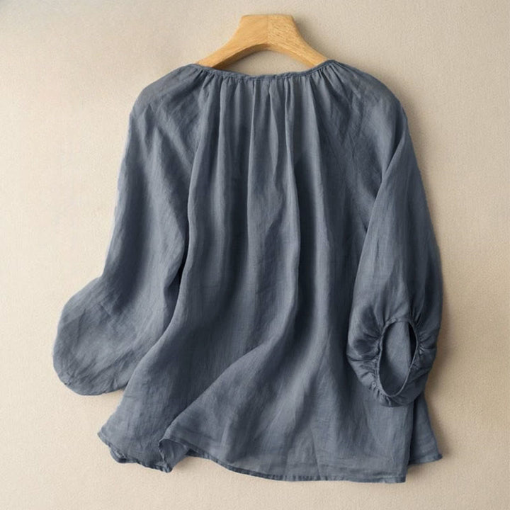 Camisa vintage con cuello en V y mangas abullonadas de tres cuartos para mujer con Buddha Stones - image 1