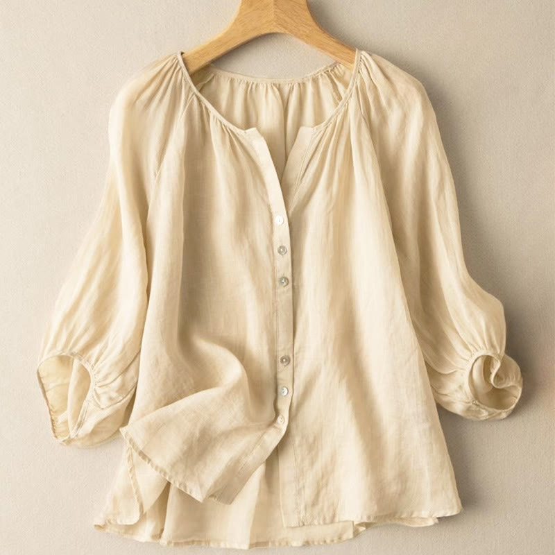 Camisa vintage con cuello en V y mangas abullonadas de tres cuartos para mujer con Buddha Stones - image 13