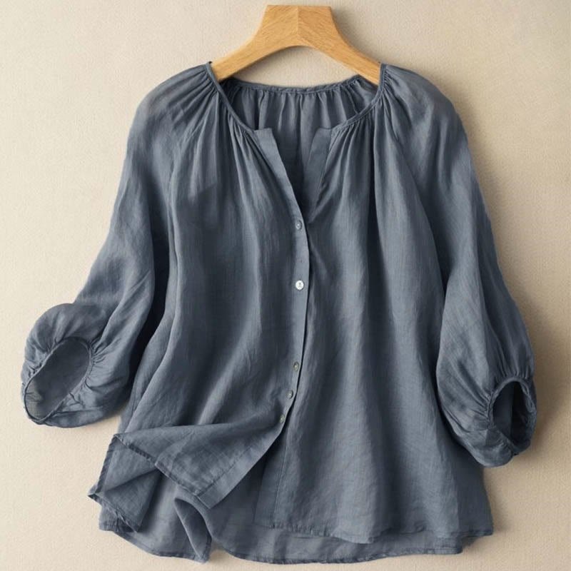 Camisa de mujer vintage con cuello en V, mangas tres cuartos abullonadas y botones , con Buddha Stones. - Azul acero - US14, UK/AU18, EU46 (4XL) - image 0
