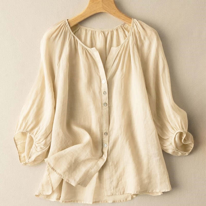 Camisa vintage con cuello en V y mangas abullonadas de tres cuartos para mujer con Buddha Stones - Vara de oro pálida - US14, UK/AU18, EU46 (4XL) - image 9