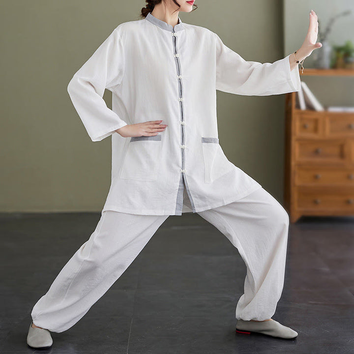 Conjunto de 2 piezas de camisa y pantalones de tai chi de algodón con Buddha Stones para mujer, ropa de meditación zen - Blanco - US8-10，UK/AU12-14，EU40-42 (2XL) - image 7