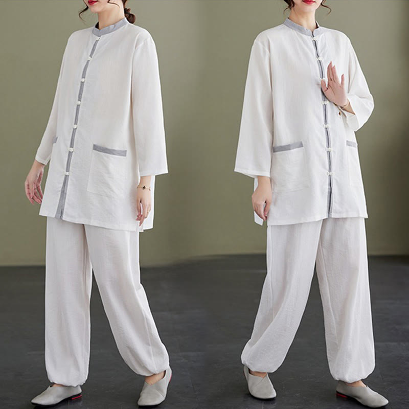 Conjunto de 2 piezas de camisa y pantalones de tai chi de algodón con Buddha Stones para mujer, ropa de meditación zen - image 11