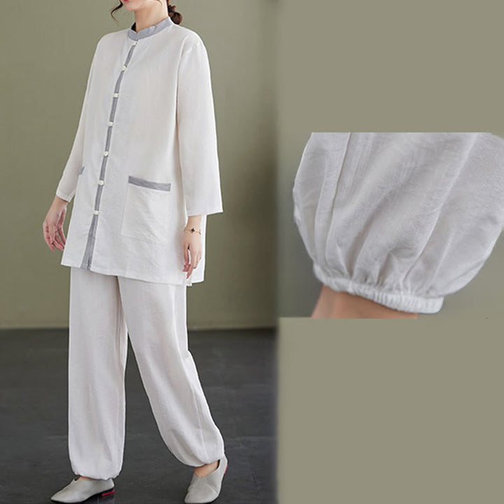 Conjunto de 2 piezas de camisa y pantalones de tai chi de algodón con Buddha Stones para mujer, ropa de meditación zen - image 10